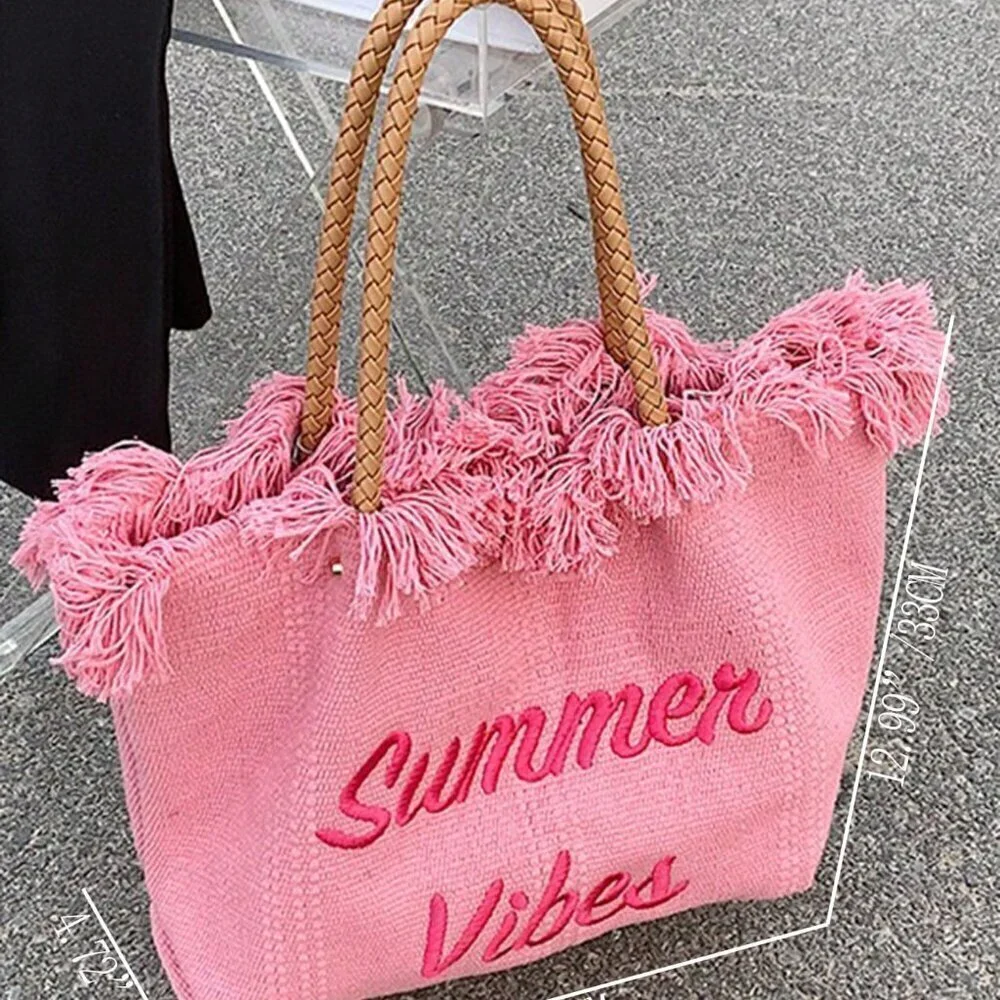 Pink Vacation Women's Large Capacity Letter & Tassel Canvas Tote Bag